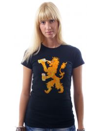 Koninginnedag shirt 100: Onze leeuw met bier voor vrouwen in het zwart met ronde hals