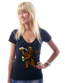 Koninginnedag shirt 105: Onze leeuw met bier voor vrouwen in het zwart met v hals