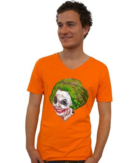 Koninginnedag shirt 106: Beatrix - The Joker voor mannen in het oranje met v hals