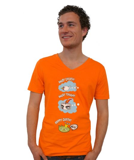 Koninginnedag shirt 108: Happy Queen voor mannen in het oranje met v hals