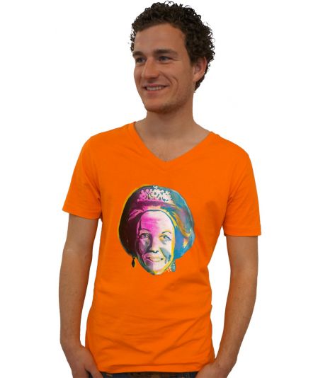 Koninginnedag shirt 109: Beatrix - Kleur portret voor mannen in het oranje met v hals