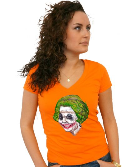 Koninginnedag shirt 116: Beatrix - The Joker voor vrouwen in het oranje met v hals
