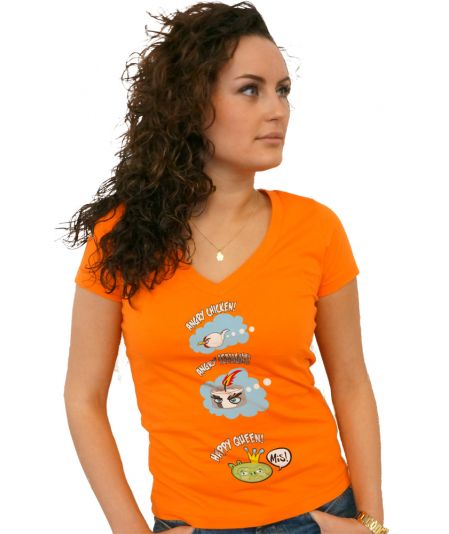 Koninginnedag shirt 118: Happy Queen voor vrouwen in het oranje met v hals