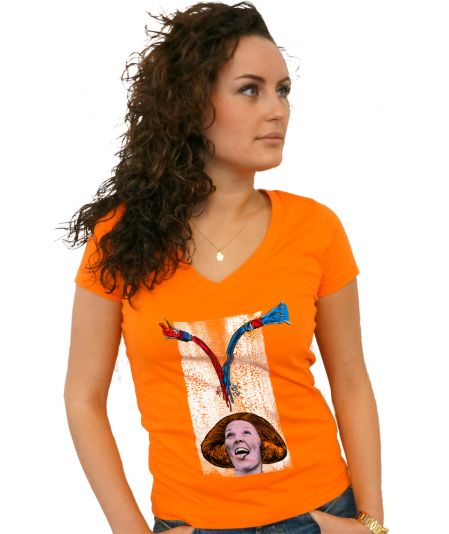 Koninginnedag shirt 120: Beatrix - Mix it voor vrouwen in het oranje met v hals