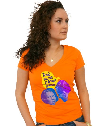 Koninginnedag shirt 121: Bea en Claus - Punch voor vrouwen in het oranje met v hals