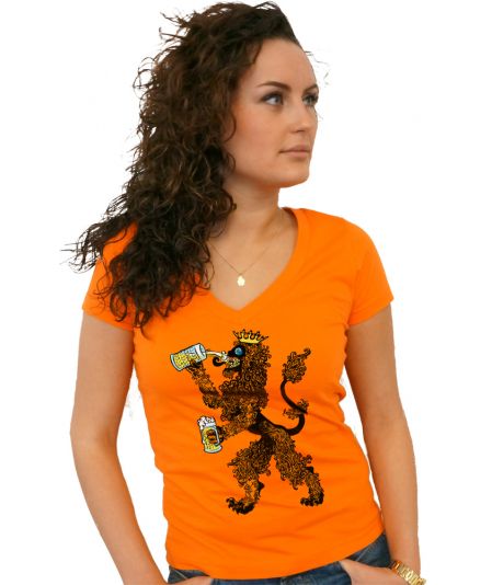 Koninginnedag shirt 125: Onze leeuw met bier voor vrouwen in het oranje met v hals