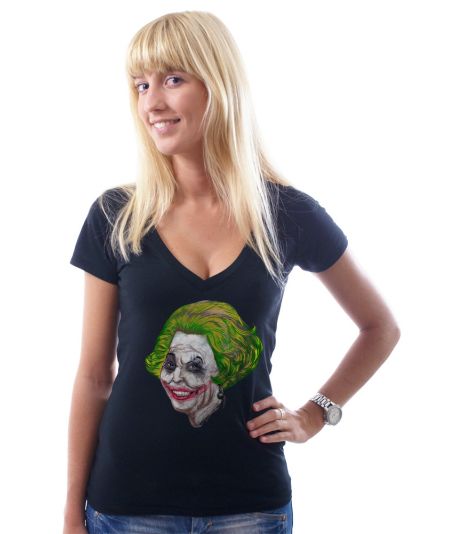Koninginnedag shirt 21: Beatrix - The Joker voor vrouwen in het zwart met v hals