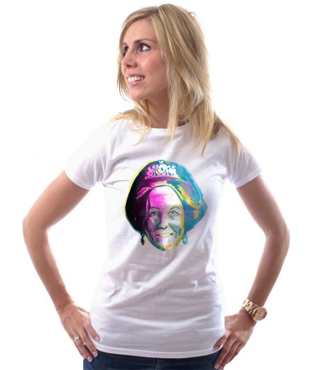 Koninginnedag shirt 42: Beatrix - Kleur portret voor vrouwen in het wit met ronde hals