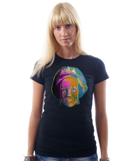 Koninginnedag shirt 43: Beatrix - Kleur portret voor vrouwen in het zwart met ronde hals