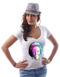 Koninginnedag shirt 46: Beatrix - Kleur portret voor vrouwen in het wit met v hals