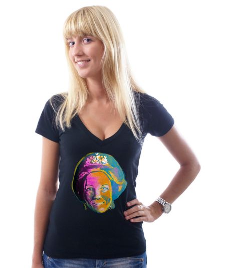Koninginnedag shirt 47: Beatrix - Kleur portret voor vrouwen in het zwart met v hals