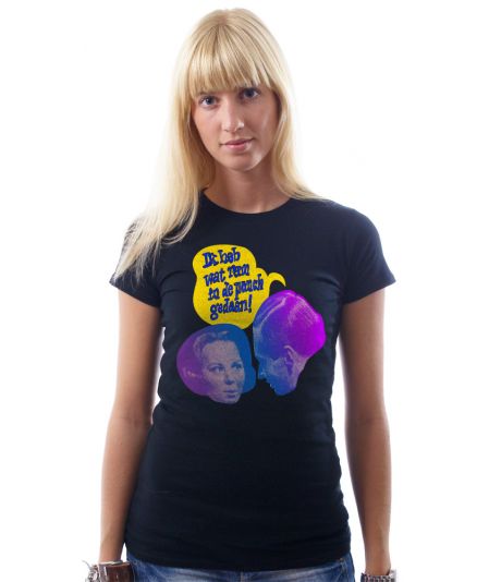 Koninginnedag shirt 61: Bea en Claus - Punch voor vrouwen in het zwart met ronde hals