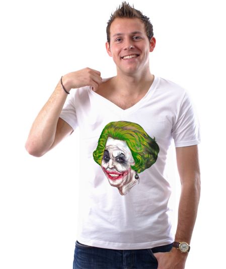 Koninginnedag shirt 7: Beatrix - The Joker voor mannen in het wit met v hals