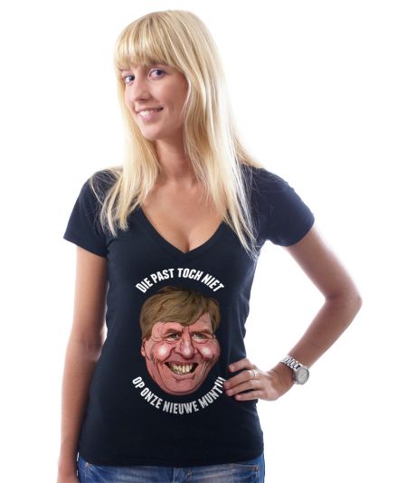 Koninginnedag shirt 75: Alexander - Past niet voor vrouwen in het zwart met v hals