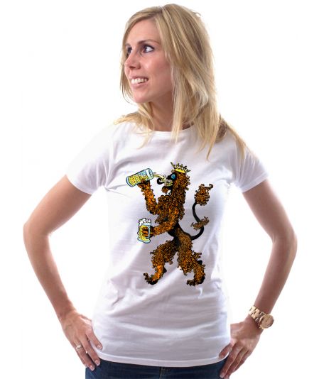Koninginnedag shirt 99: Onze leeuw met bier voor vrouwen in het wit met ronde hals