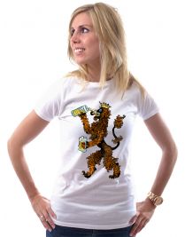 Koninginnedag shirt 99: Onze leeuw met bier voor vrouwen in het wit met ronde hals